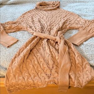 Fate Cable Knit Cowl Neck Sweater - Tan Dress